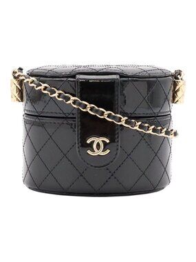 Chanel Quilted Mini Vanity CC Logo Chain Shoulder Bag Pochette Patent Black Gold